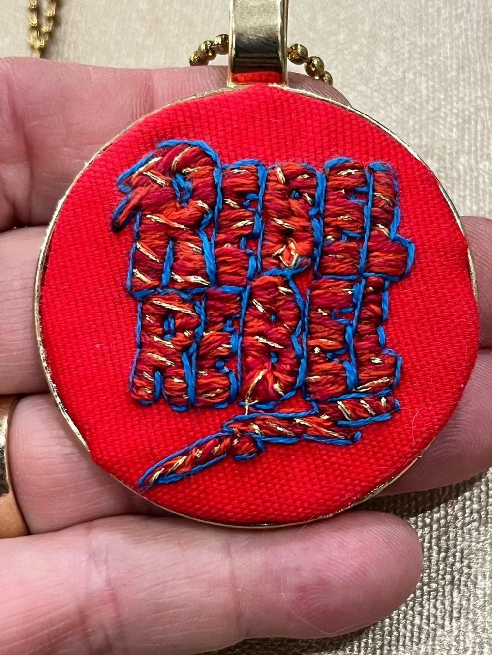 David Bowie Rebel Rebel hand embroidered thread paint pendant necklace